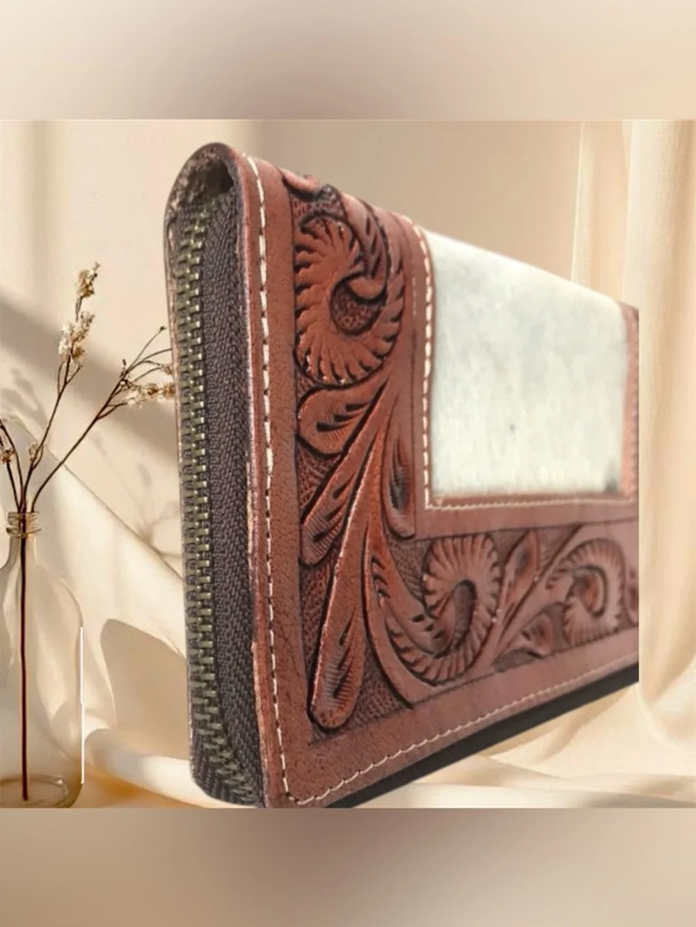 Hand-Tooled Leather & Cowhide Wallet - Brown